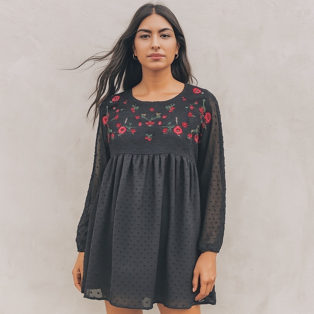 SuzAnne Betro Black Floral Embroidered Swiss Dot Dress | Size Large